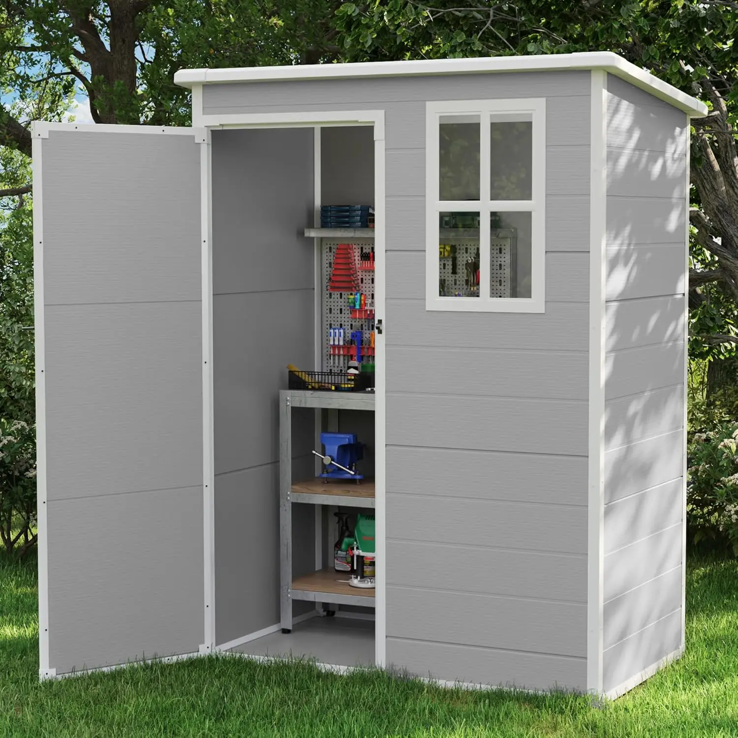 Outdoor Storage Shed 5x3 FT, Plastic Garden Shed for Bike, Garbage Can, Tool, Outside Sheds & Outdoor Resin Shed with Lockable
