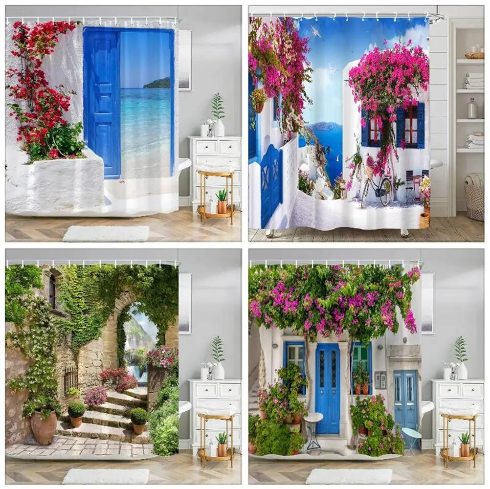 Greek Town Street View Shower Curtain Blue Wooden Doors Windows Flower Plant Wall Decor Bathroom Hanging Curtains Set With Hooks 5mp ip camera security cctv outdoor wall amount rj45 wifi wireless external waterproof ip66 nvr onvif protocol ptz 360° view