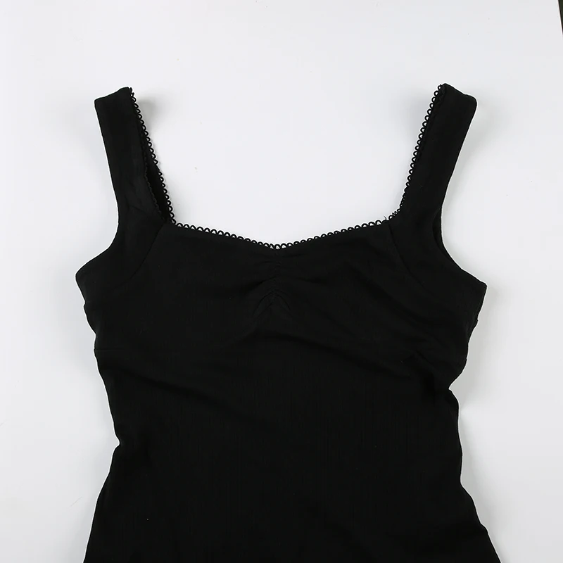 Mono de verano ajustado sin mangas con cuello cuadrado y fruncido para mujer, mono negro liso sencillo básico informal para vacaciones