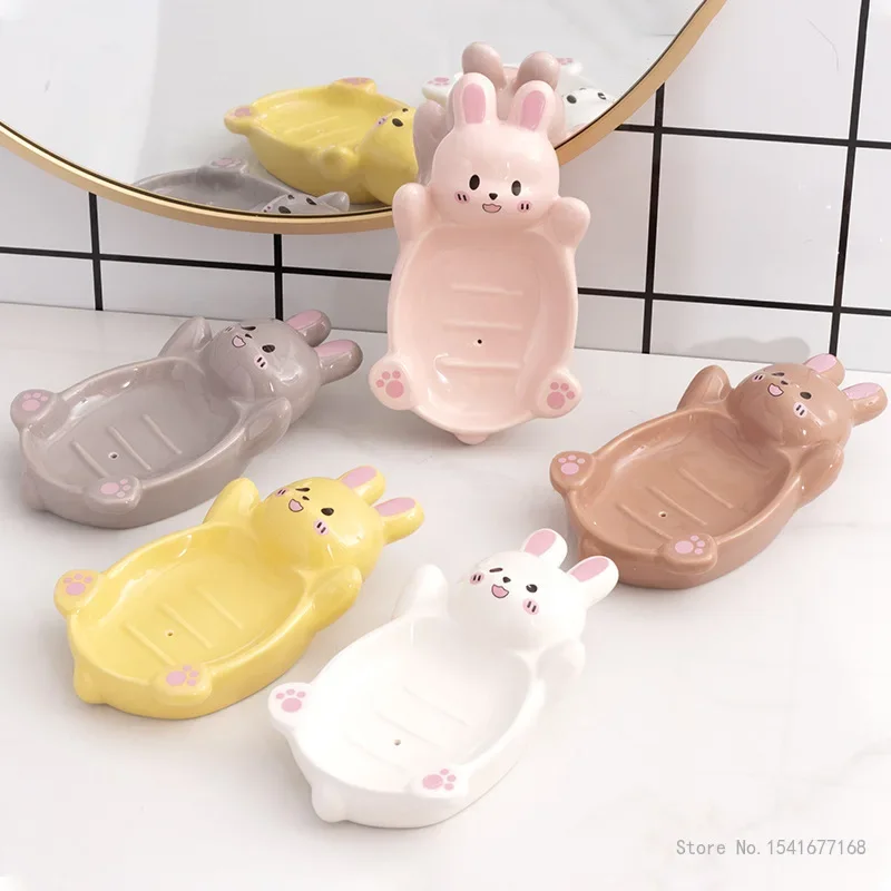 Cute Bunny Shaped Ceramic Drain Soap Box, Creative Light, Luxury, Kitchen, Bathroom Accessories, Soap Dish Storage Box, 1Pc