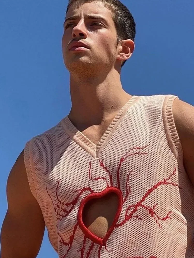 Men Sweater Vests Mens Knitted Vest Autumn Love Hollow Out Jacquard Men's Sweater Vest Loose V Neck Sleeveless Knitted Sweaters Street Harajuku Pullover Waistcoat