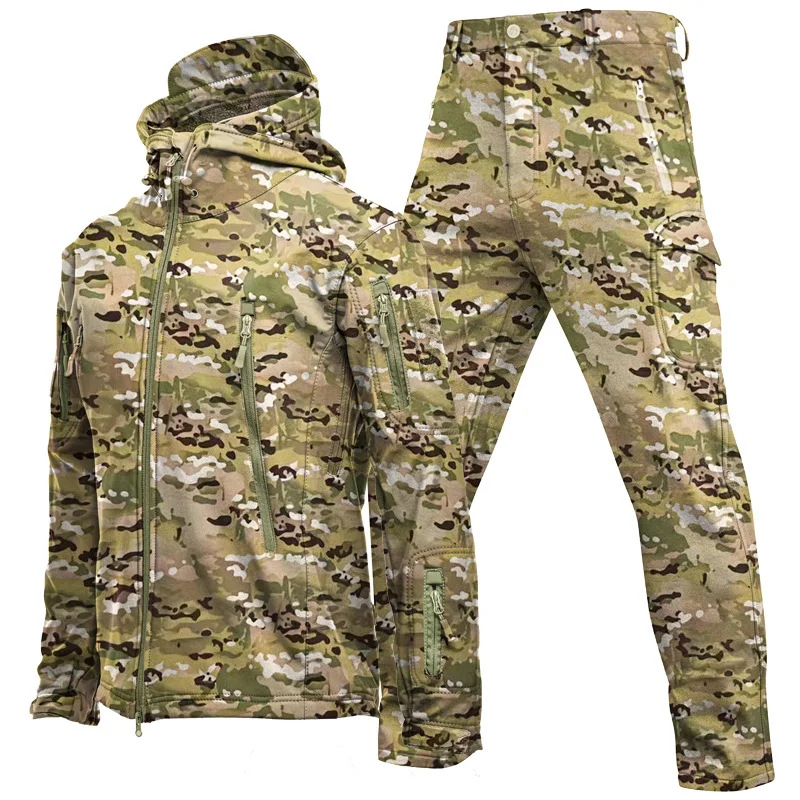 Men's Outdoor Sports Jacket Pants Sets Men Fleece Warm Waterproof Cargo Work Coat Trousers Set Men's Hiking Clothes 2