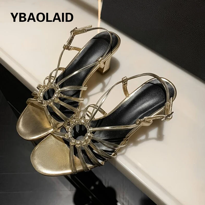 

Retro Style Weave High Heel Sandals Buckle Strap Narrow Band Cut Out Gladiator Sandals Women 2024 Summer New Shoes Real Leather