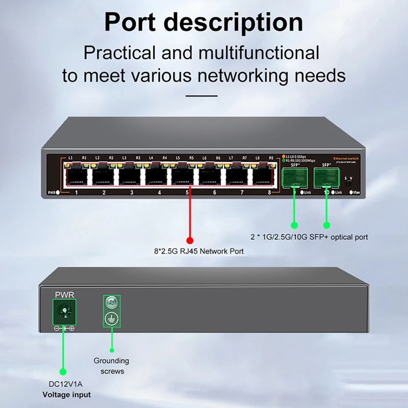 ONTi 2.5Gb 비관리형 이더넷 스위치 8포트 2.5GBASE-T 네트워크 스위치 10G SFP+ 포트 플러그 앤 플레이 팬리스 홈랩 스위치