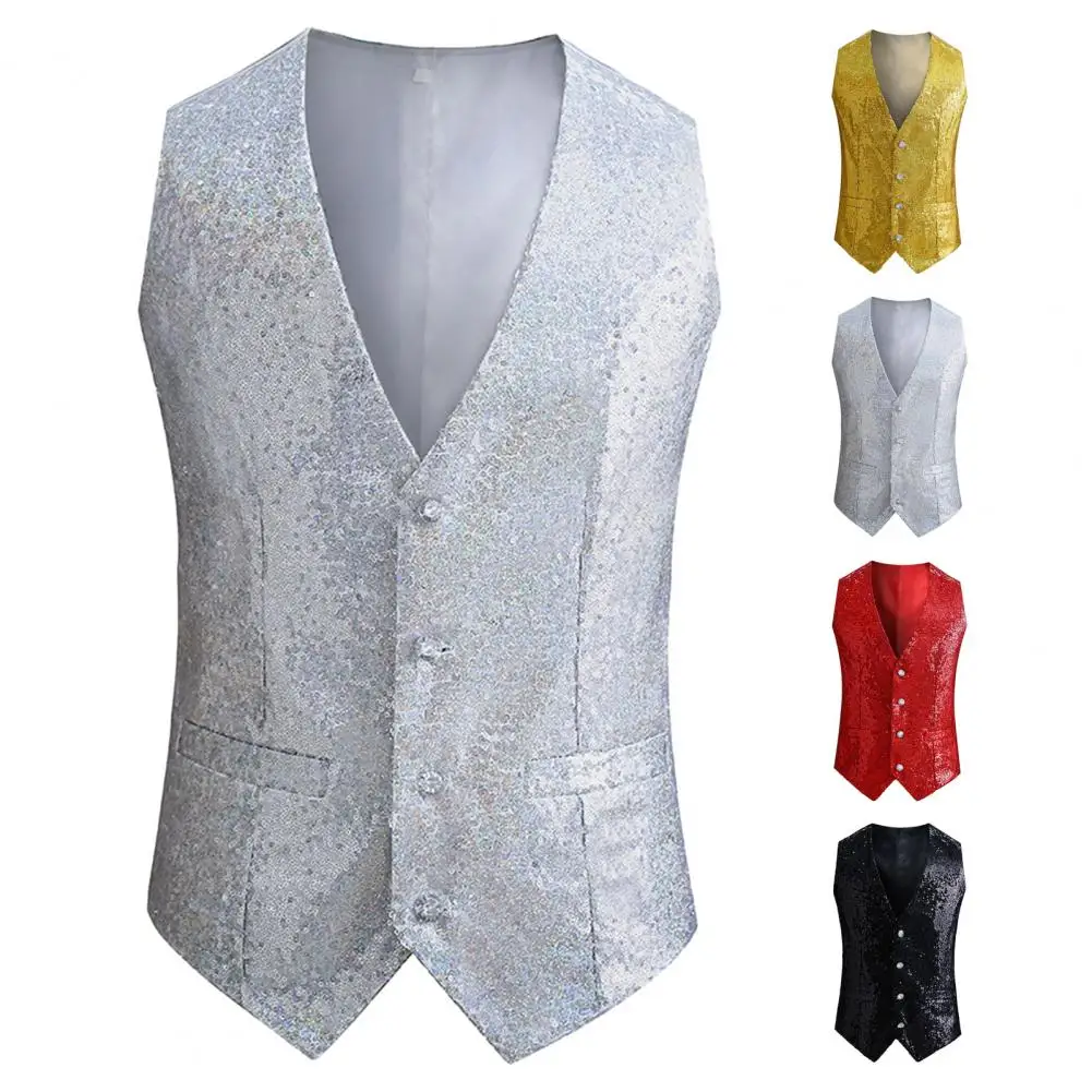 

Men Formal Waistcoat Sequin Slim Fit Men's Vest with Adjustable Back Buckle for Stage Show Emcee Performance Single-breasted V