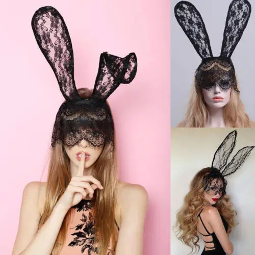 Ladies Bunny Rabbit Ears Lace Veil Venetian Masquerade Party Face Mask
