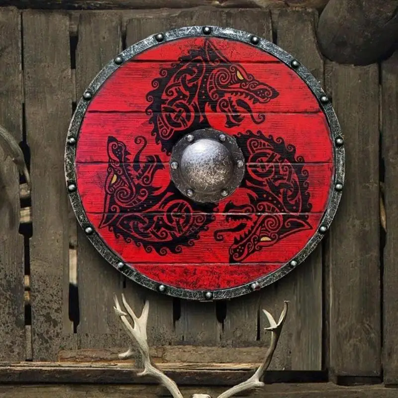 Bouclier Viking En Bois 22 Pouces Avec Ornements Runiques Nordiques Sculptés