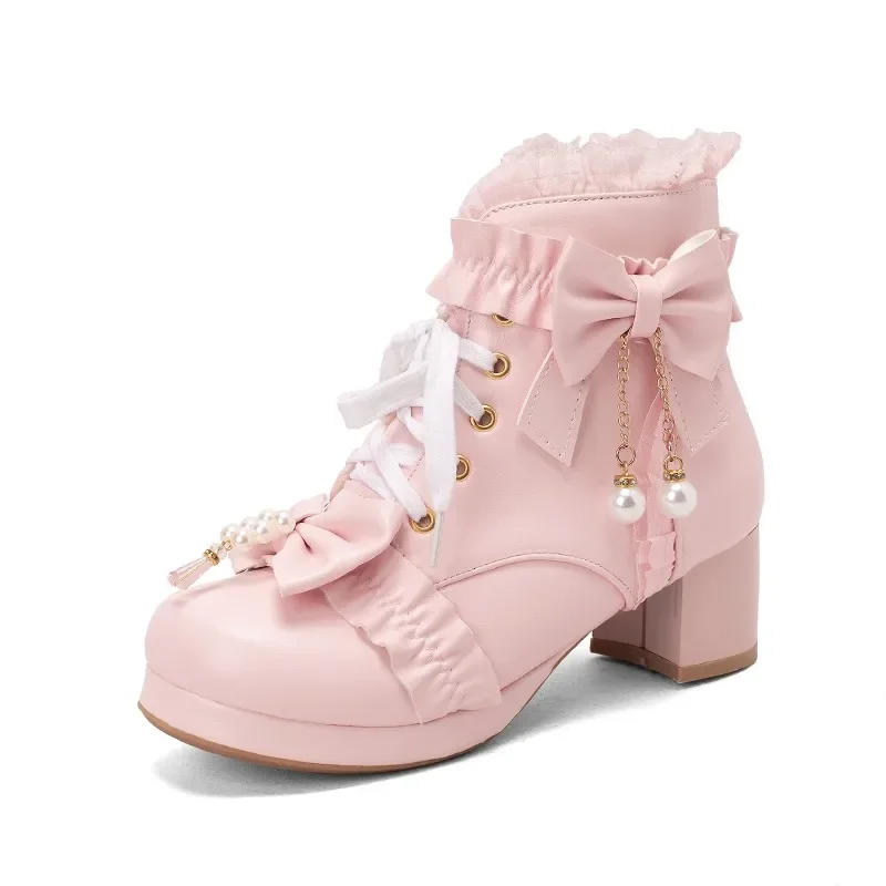 

Женские ботильоны на шнуровке, розовые, белые, Черные ботильоны на массивном каблуке, с жемчужинами и бантом-бабочкой, милые зимние ботинки принцессы для косплея, 42