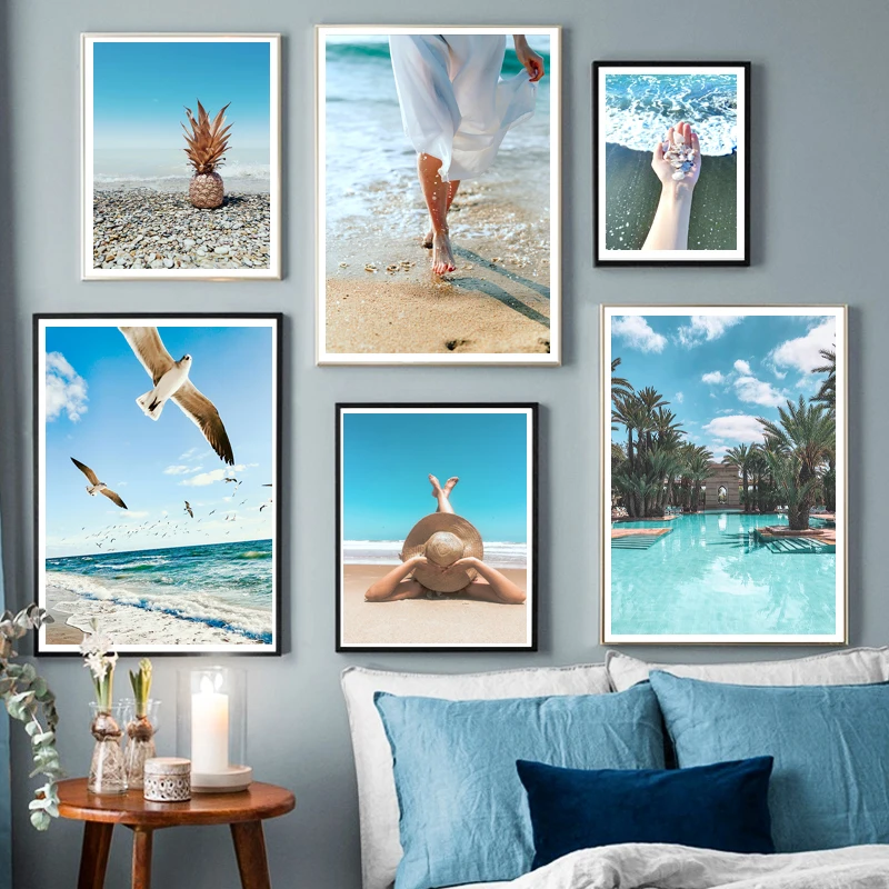 

Blue Sea Seagull Landscape Poster Beach Woman Decor Painting On Canvas Wall Art Seascape Picture for Living Room Home Frameless