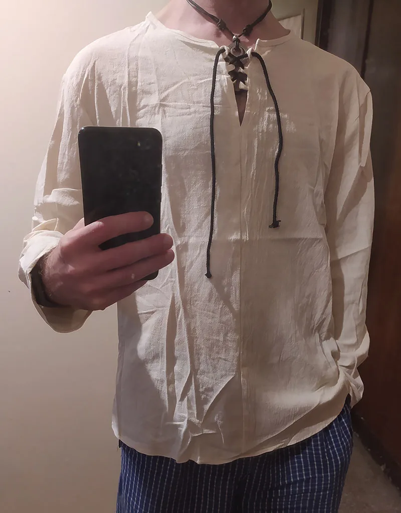 Men Cotton Linen Drawstring V Neck Long Sleeves Solid Color Casual Cool Tops Vikings Costume M-6XL cotton shirt long sleeve shirt
