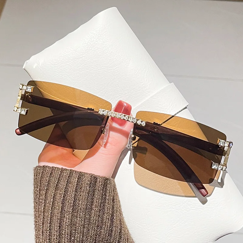 

Frameless transparent small frame glasses, trendy decoration, leopard diamond sunglasses, personalized cut edges, Sunglasses, su