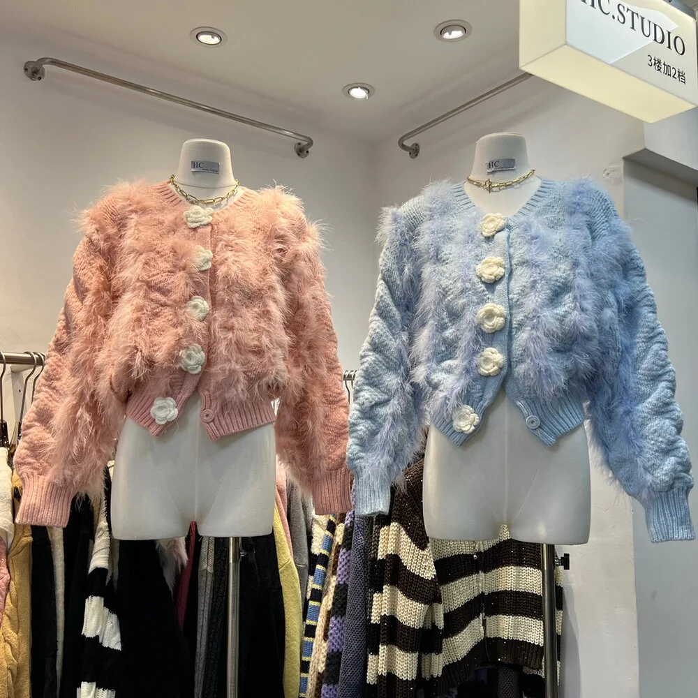 

Sweet Luxury Autumn Winter Pink Cardigan Coat Fashion Women Manual Floral Button Knitted Patchwork Fur Thick Short Sweater Tops