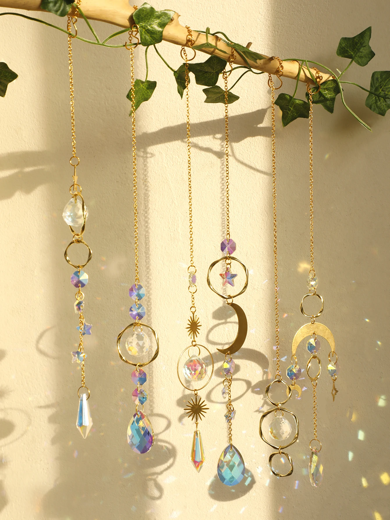 Crystal Sun Catchers Moon Star Hanging Decoration Prism Rainbow Maker Teardrop Chandelier Yard Garden Wind Chimes Outdoor Decor