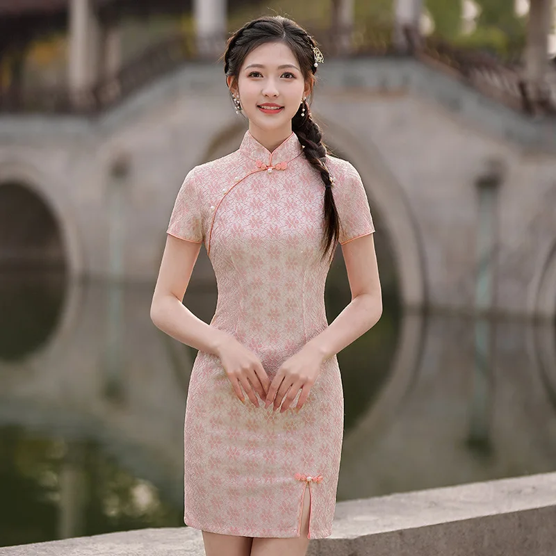 

Женское кружевное платье-Ципао с коротким рукавом, розовое короткое приталенное платье в традиционном китайском стиле, размеры от S до 3XL, весна-лето 2024