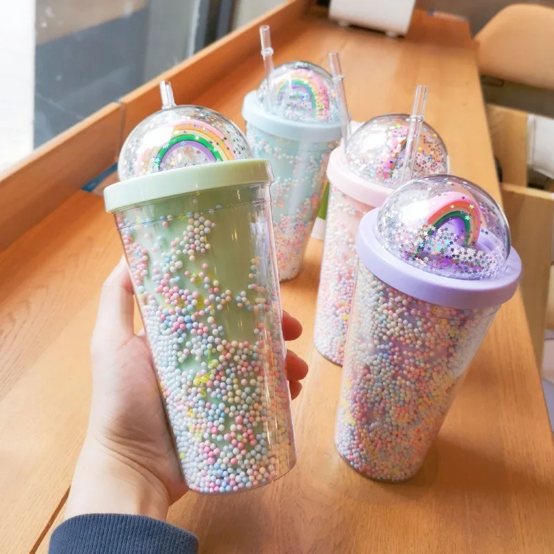

High value girl double layer rainbow cup quicksand color foam plastic cup straw cup water cup men and women
