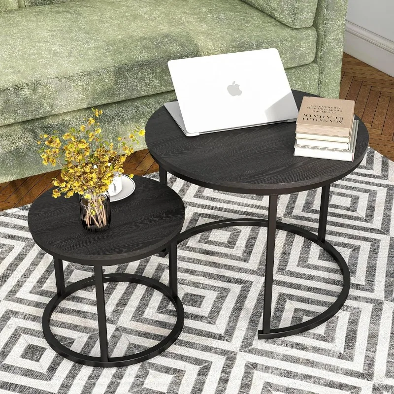 Small Coffee Table Set of 2,Round Coffee Table End Tables for Living Room,Modern Black Coffee Table Nesting Tables,Farmhouse 2
