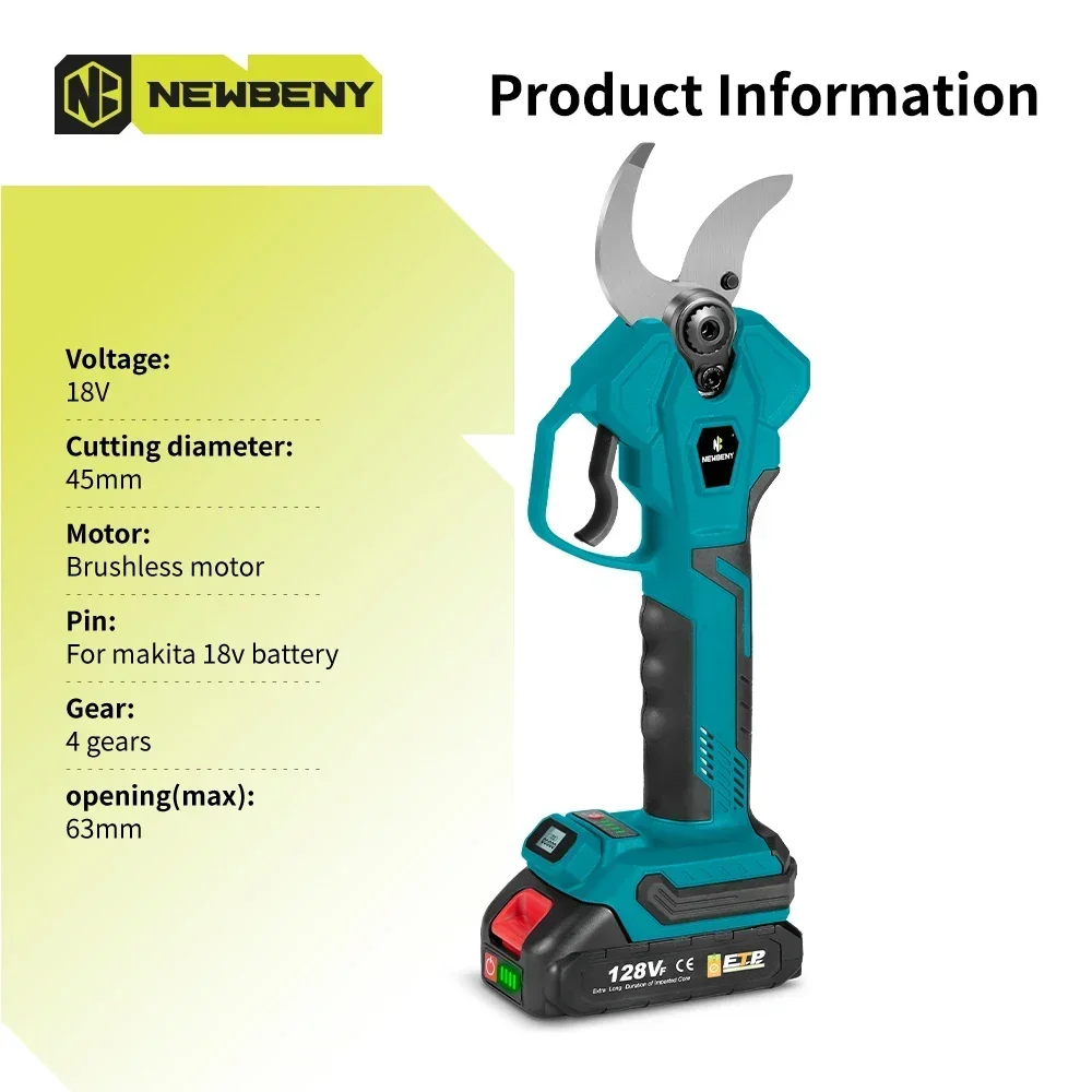 NEWBENY Brushless 45mm Electric Pruning Shear 4Gear Cordless Electric Scissors Tree Branches Garden Tools For Makita 18V Battery 2