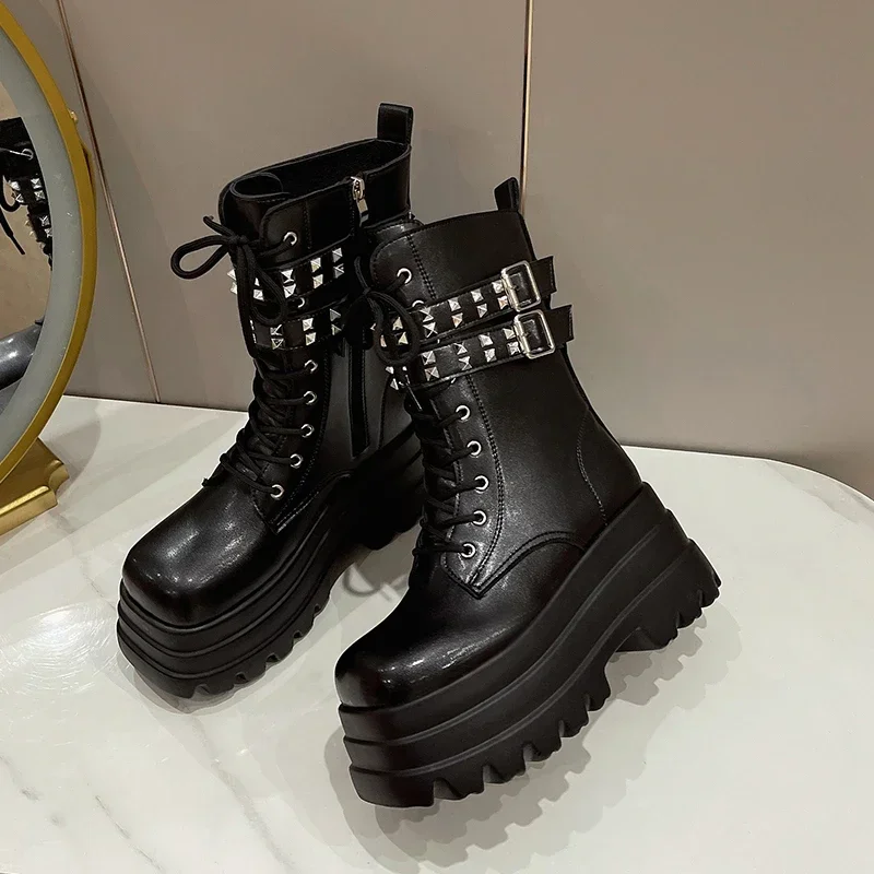 Chain Decoration Front Lace Military Boots Platform Thick Bottom Calf Ankle Boots Autumn and Winter New Shoes for Woman