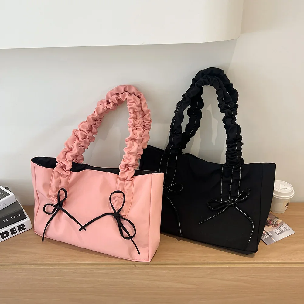 

Women Nylon Tote Bag Fashion Shoulder Bag Large Capacity with Bow Trendy Messenger Pleated Shoulder Strap Chic Hobo Bag