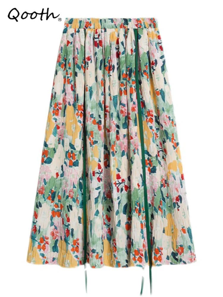 

Qooth Summer Sweet Floral Print Black Plaid Casual Skirt Women High Waist Elegant Mid-length A-line Skirt QT1665