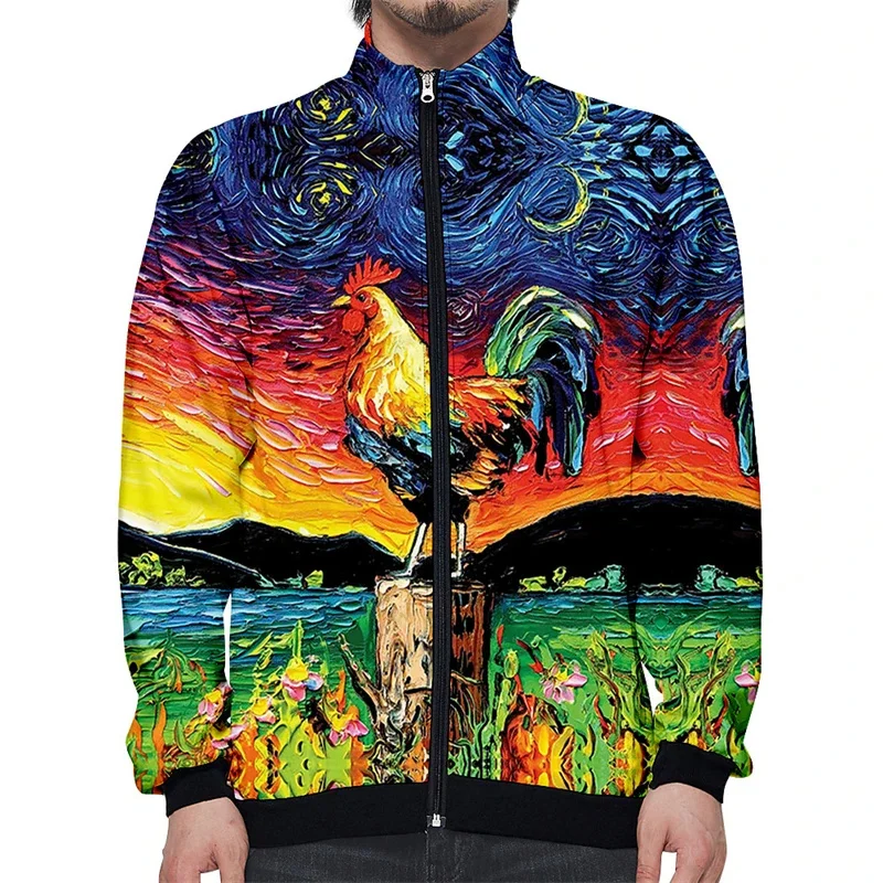 thumbnail image 1 of Chaqueta con cremallera y estampado 3D de leopardo y pollo para hombre, chaqueta hawaiana de manga larga con estampado de cocotero, abrigo de calle de moda Harajuku, 1 of 4