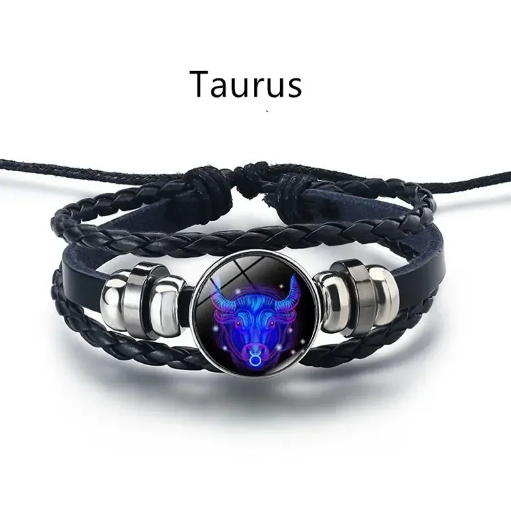 Adjustable 12 Zodiac Signs PU Leather Bracelet Hand Woven Luminous 12 Zodiac Signs Glow Zodiac Spirit Bracelet Jewelry Gift