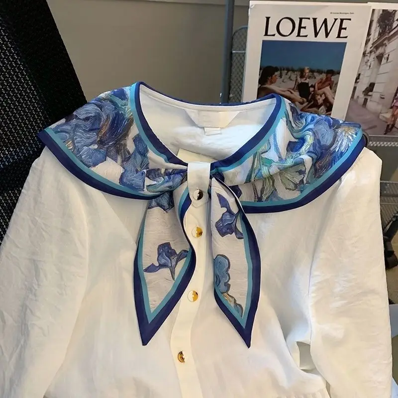 Women's Retro Doll Collar Patchwork Ruched Printed Shirts Spring and Autumn New Nautical Long Sleeve Cardigan Single Bonded Tops