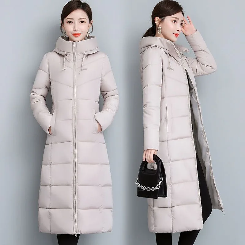 2023 New Women Down Cotton Coat Winter Jacket Female Mid Length Version Large Size Slim Fit Parkas Outwear Hooded Overcoat
