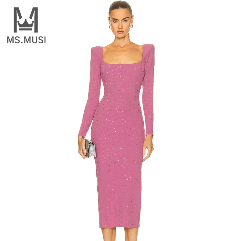 

MSMUSI 2023 New Fashion Women Sexy Rose Red Sqaure Neck Crystal Long Sleeve Bandage Party Club Bodycon Event Midi Dress Vestidos