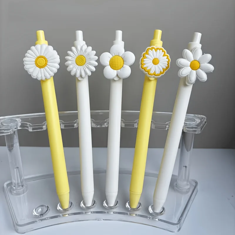 5 penne a sfera a tema girasole bianco, stagione di ritorno a scuola, adatte per la scuola, l'ufficio, inchiostro nero, scrittura fluida. - immagine 2