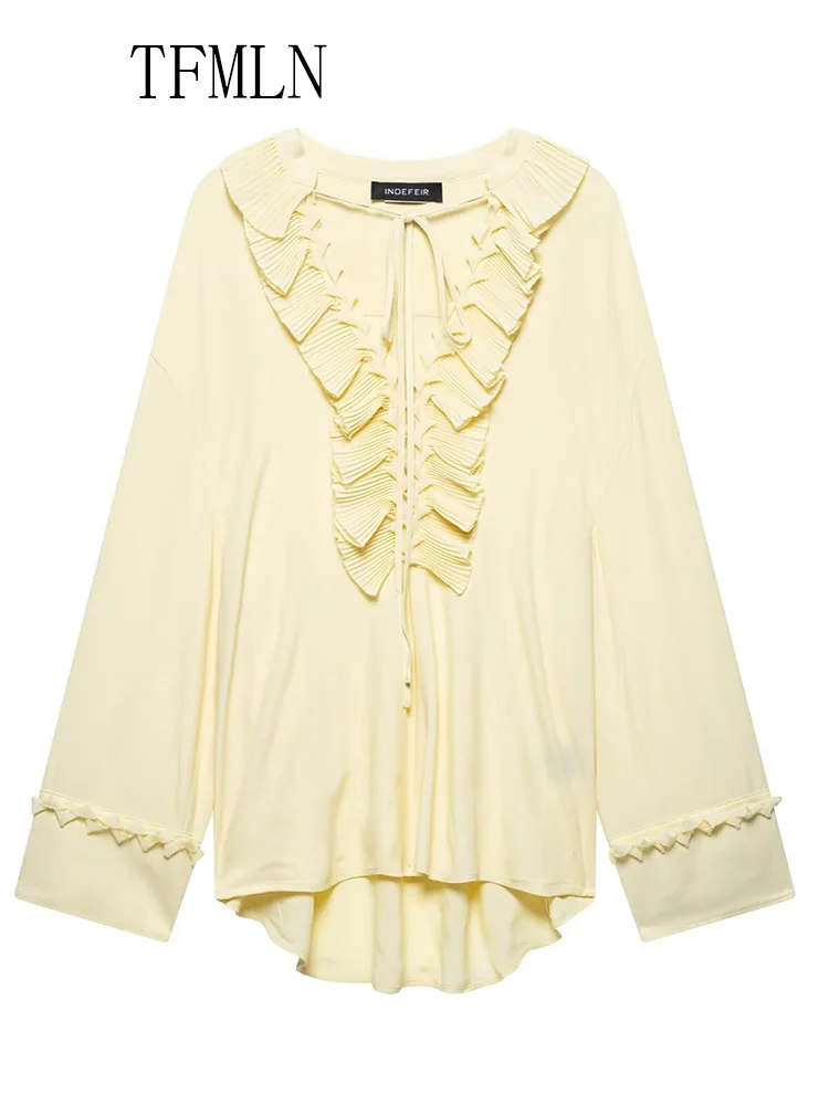 TFMLN 2025 Summer Tierred Ruffles Blouse For Women Fashion Lace Up V-neck Loose Causal Tops High Street Oversize Long Sleeve Top