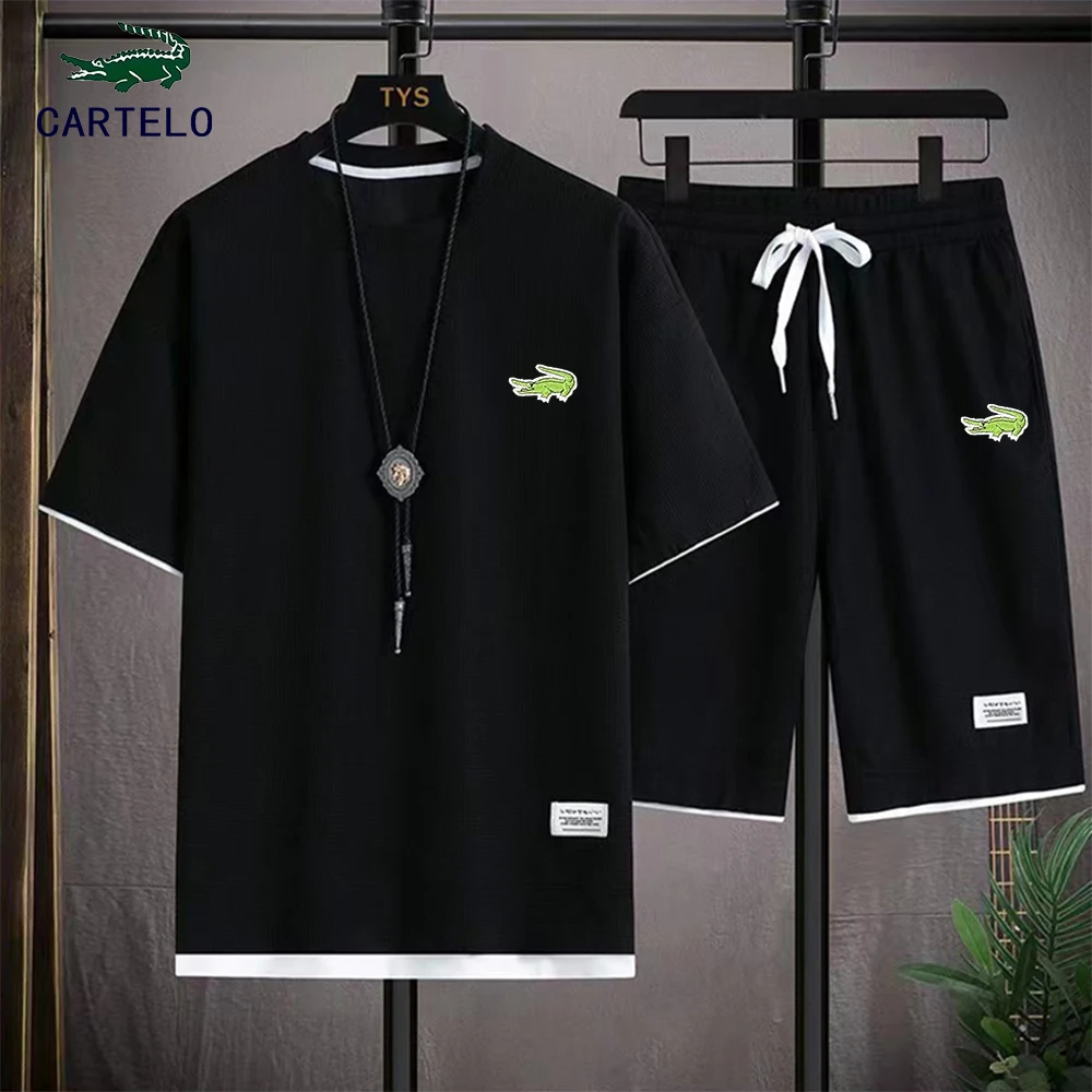Summer Men's Two Piece Set Waffle Fabric Casual T-Shirt And Shorts Set Mens Sports Suit Fashion Short Sleeve Tracksuit Men Suits
