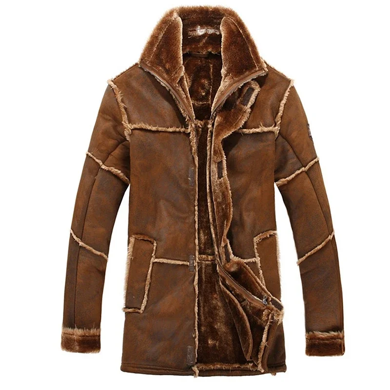 

European Style Male Fashion Thick Warm Outwear Winter Men Faux Fur Coat Spliced Suede Leather Jacket Parkas Over Size