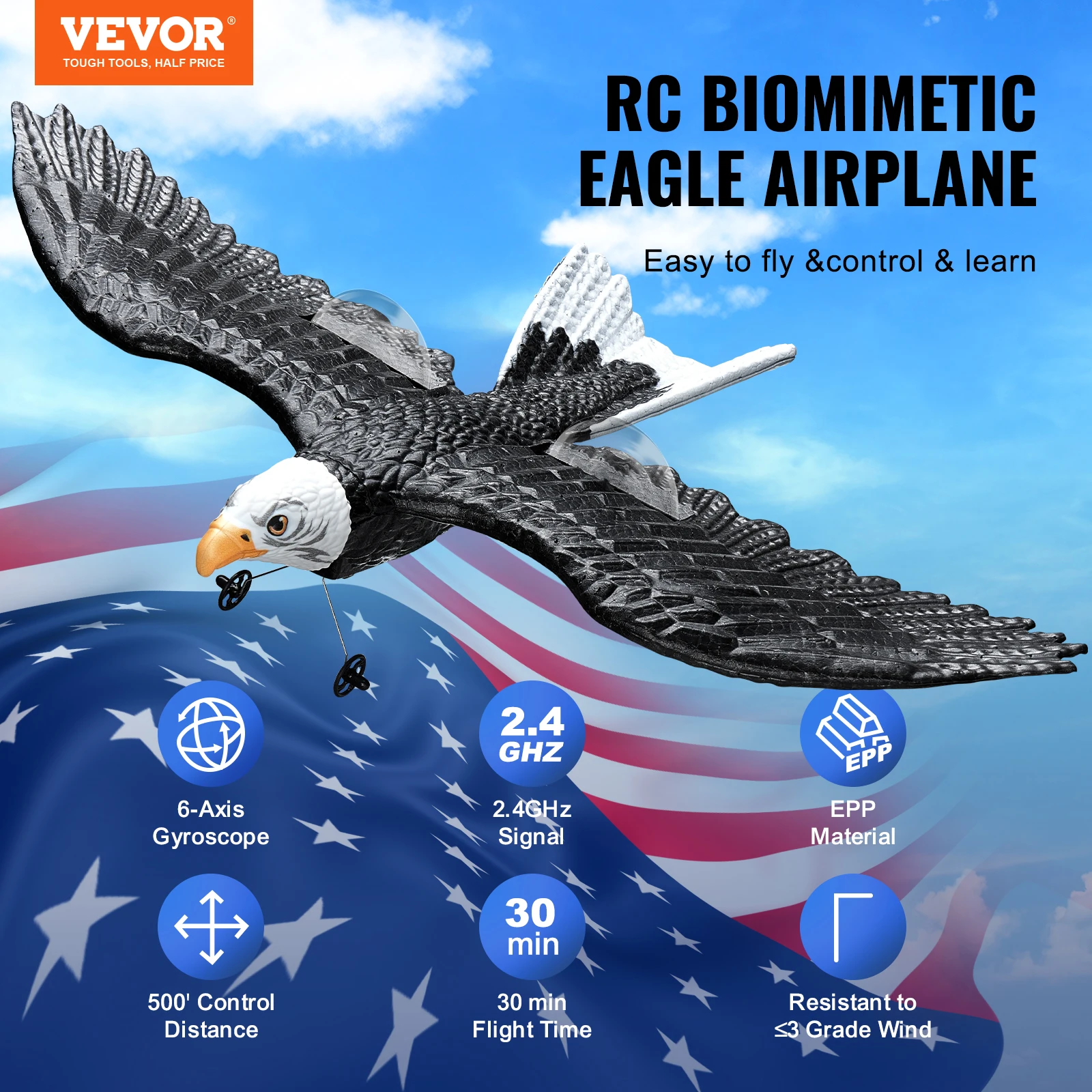VEVOR RC Plane Wingspan Eagle Aircraft Fighter 2.4G 2CH with 2 Batteries 6-Axis Glider Airplane Foam Boys Toys for Children 2