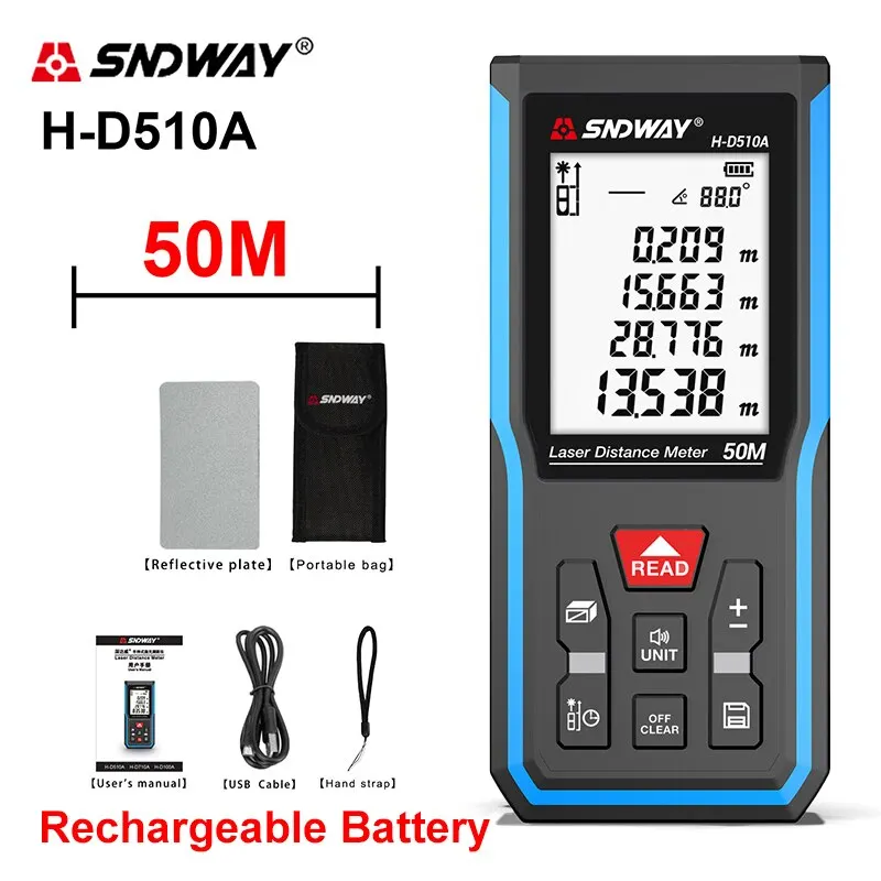 Laser Rangefinder SNDWAY Digital Tape Measure 40M/50M/120M Precision With Distance/Area/Volume/Self-calibration