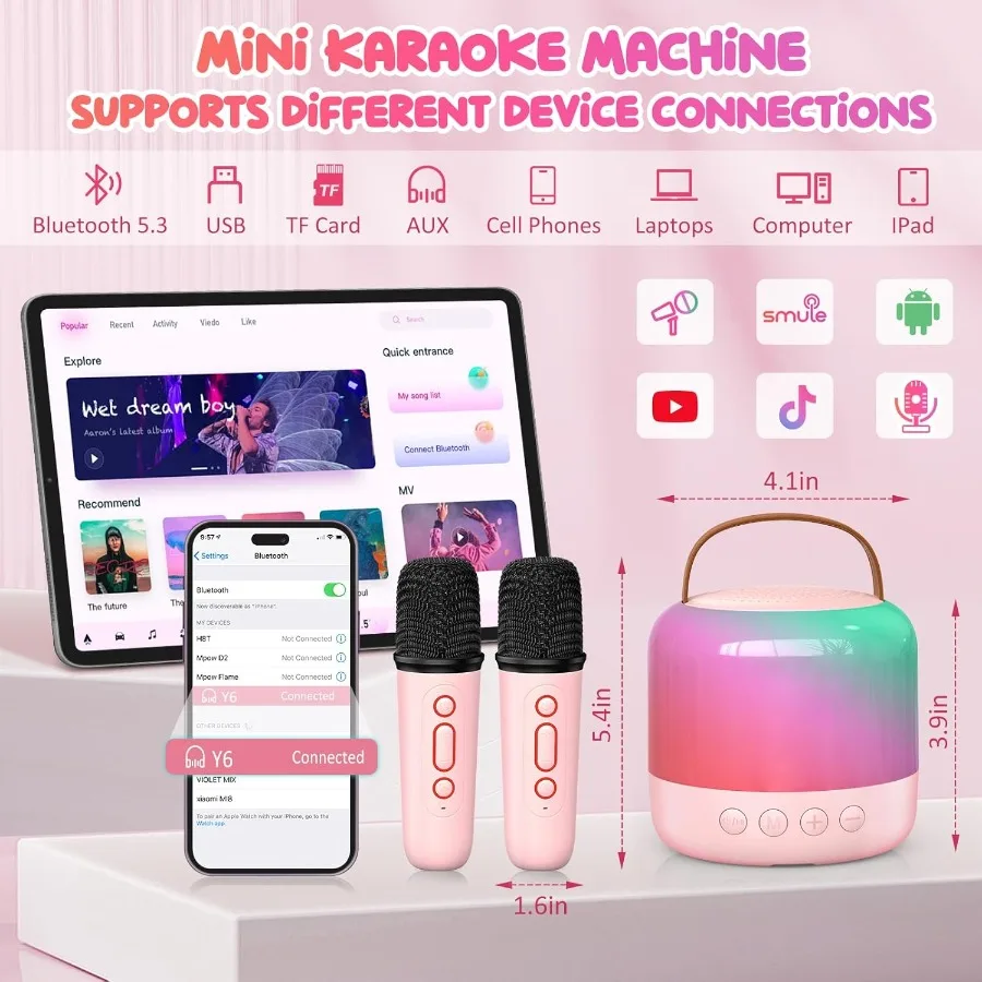 Mini Karaoke Machine with 2 Wireless Microphones Portable Bluetooth Speaker, Birthday and Holiday Gifts for Kids, Girls and Boys