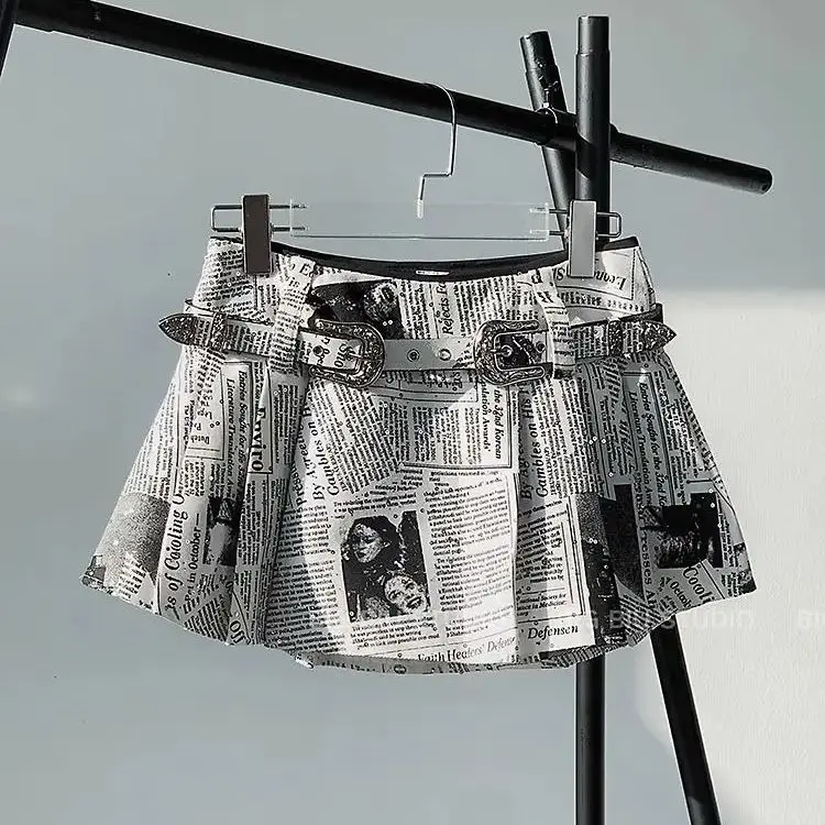 Newspaper Short Skirt Printed Pleated High Waist Spicy Girl For Women Summer New Fashion Causal A-Line Short Skirt Women