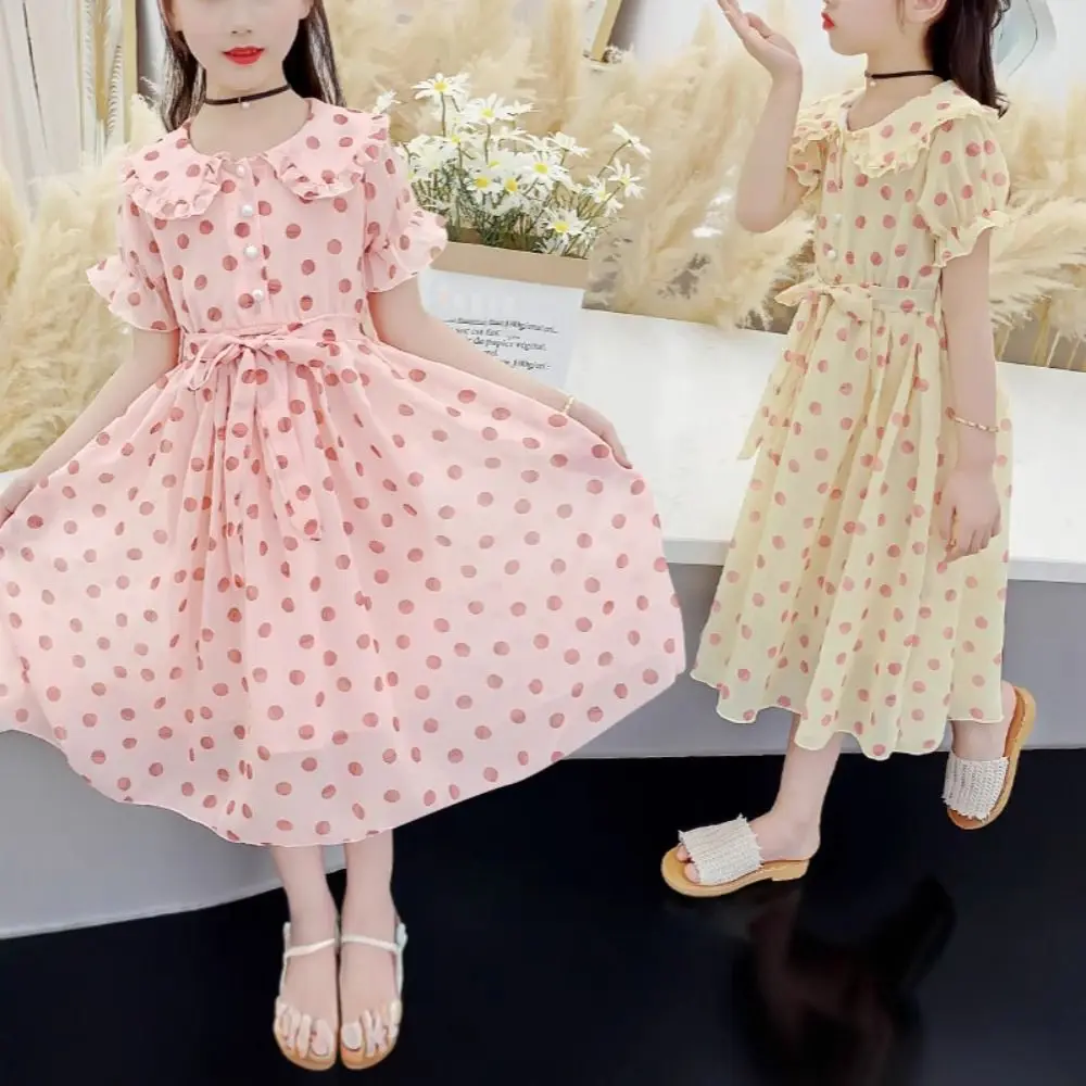 Fashion Doll Collar Girls Princess Dress Lace Up Party Summer Dot Dress Teens Sweet Children Dress Summer