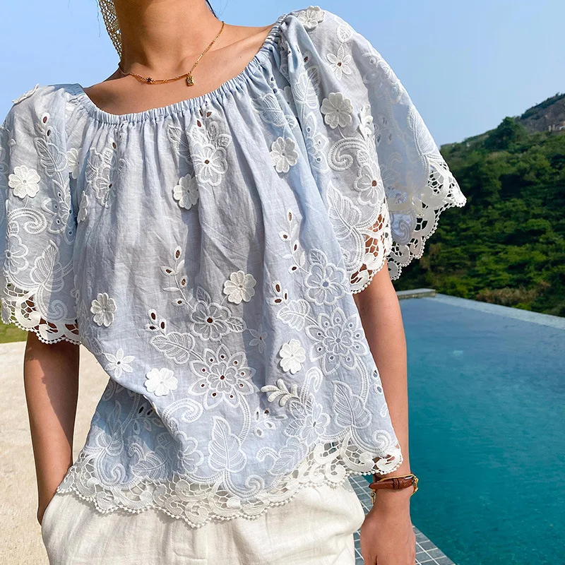 

Женская блузка с открытыми плечами, с цветочной вышивкой, в стиле бохо