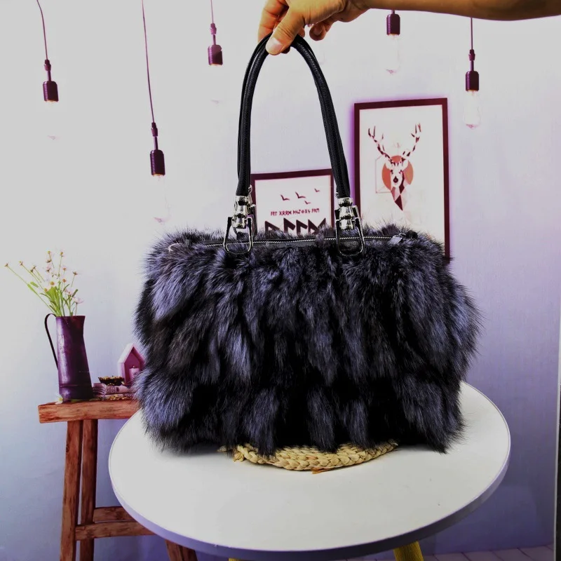 Large Capacity Genuine Fox Fur Tote Bag Versatile Handbag For Commuter Luxury Designer Plush Bags Women's Bag Shopping Bags