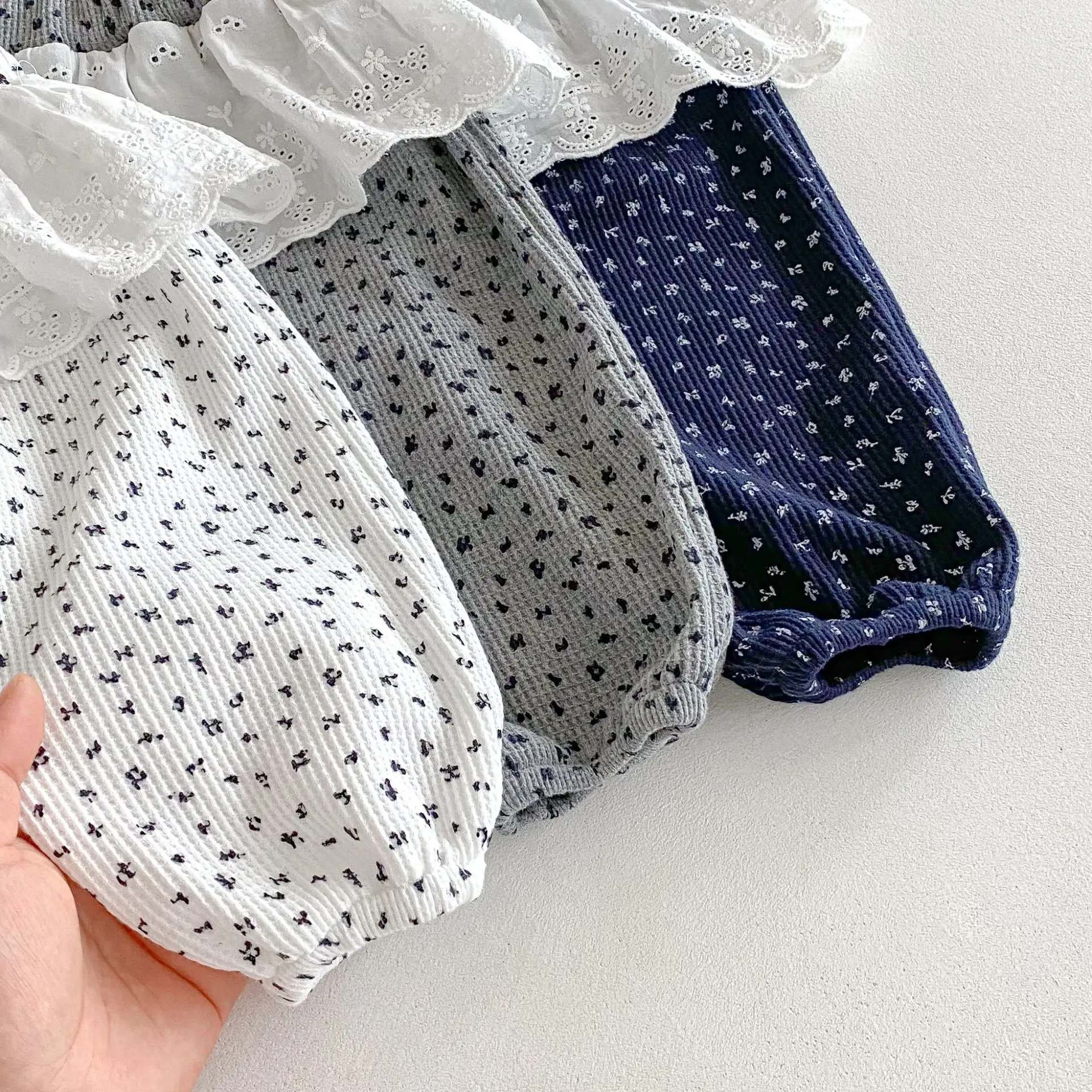 Girls Floral Print Waffle Trousers Autumn Kids Pants