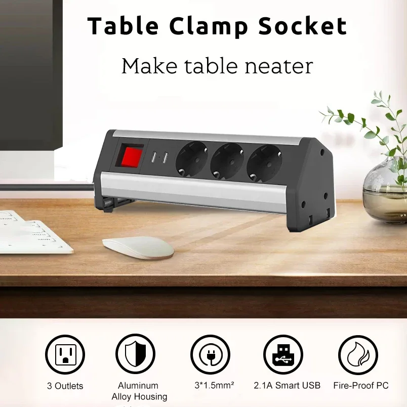 Melery Tabletop Socket 3Ways Electrical Plugs Sockets Clamp on Conference Table EU Plug Outlets USB Port for Germany Home Office