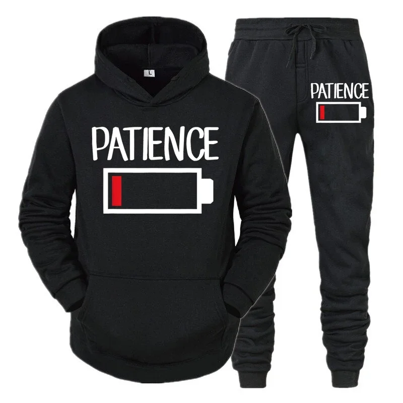thumbnail image 1 of Conjunto de 2 piezas de sudadera y pantalones divertidos con estampado de batería "PATIENCE" para hombre, sudadera de manga larga, chándal, ropa deportiva unisex, 1 of 4