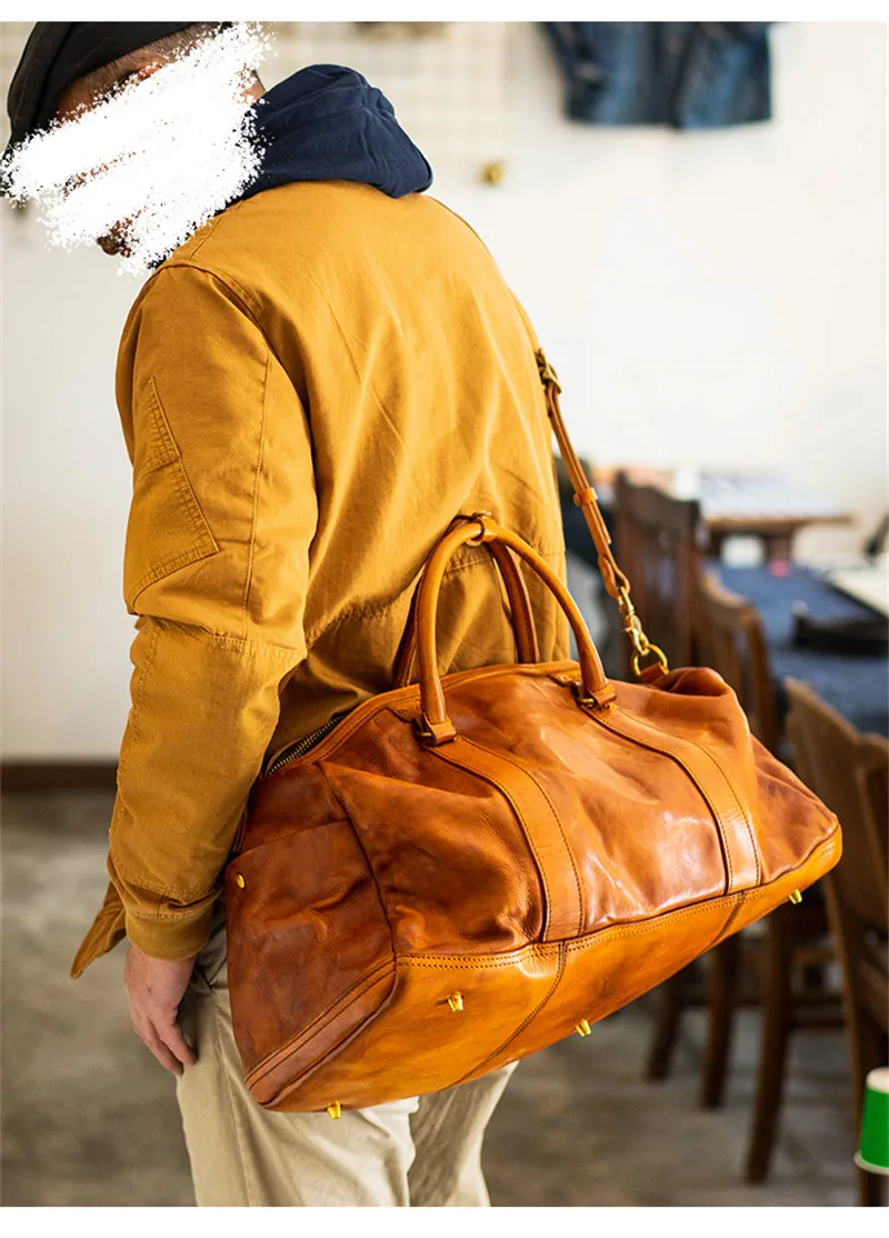 Fashion vintage luxury natural genuine leather men\'s large-capacity travel bag organizer handmade first layer cowhide handbags