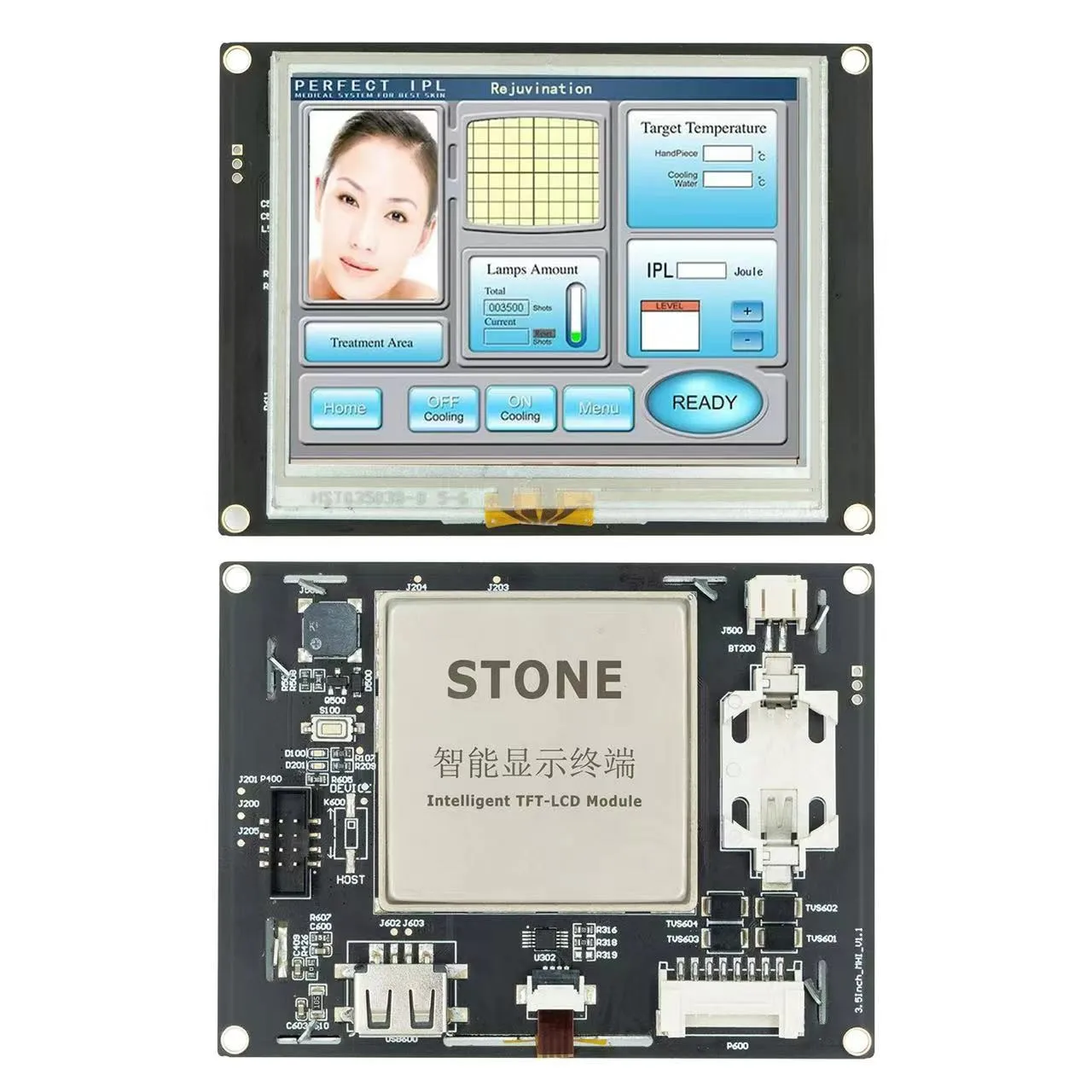 Stone 3.5 HMI Smart TFT projects, 1G Hz Cortex A8 CPU, and 262k true-to-life colors 300 nit brightness, LED back light