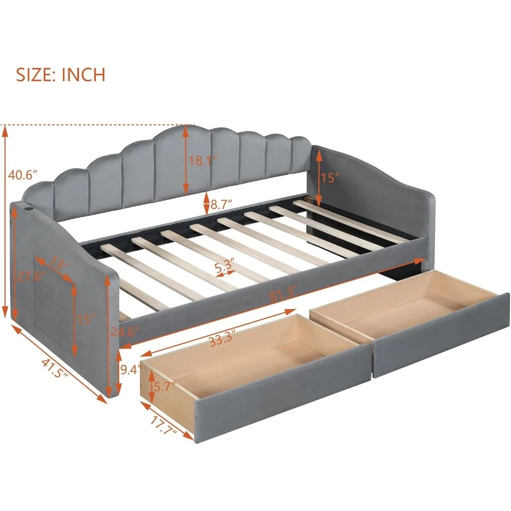 Elegant Twin Size Upholstered Daybed with 2 Drawers and USB Charging Ports, No Box-Spring Needed (Gray) Children's Sofas 3