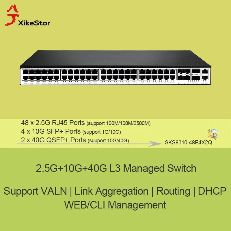XikeStor 48개의 2.5G RJ45 포트, 4개의 10G SFP+ 포트, 2개의 40G QSFP+ 포트, L3 관리형 지원, VLAN 포트 통합, DHCP 라우팅