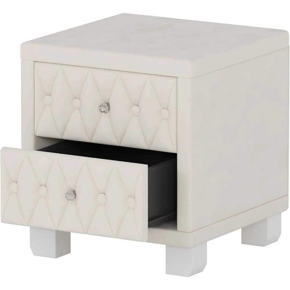 Nightstand with Storage Drawers, Upholstered Velvet Bedside End Table for Small Bedroom, Beige 6