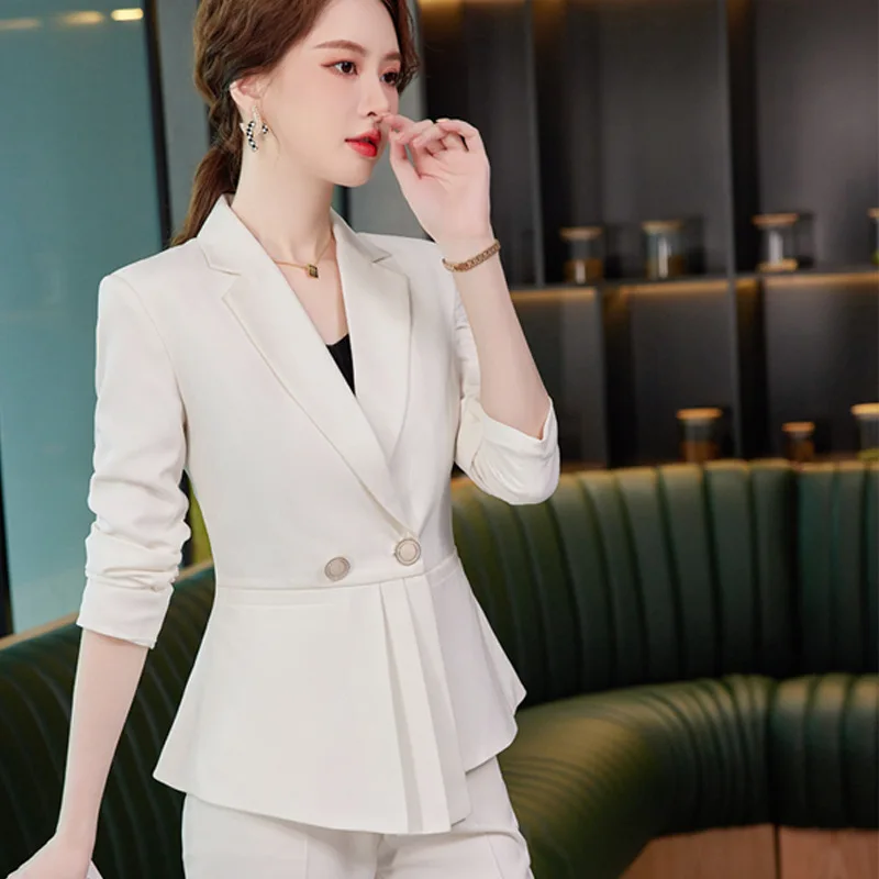 Women Red Blazer Slim Spring Autumn New Elegant Office Lady Work Suit  Ruffled Double Breasted Blazer Solid Dushicolorful