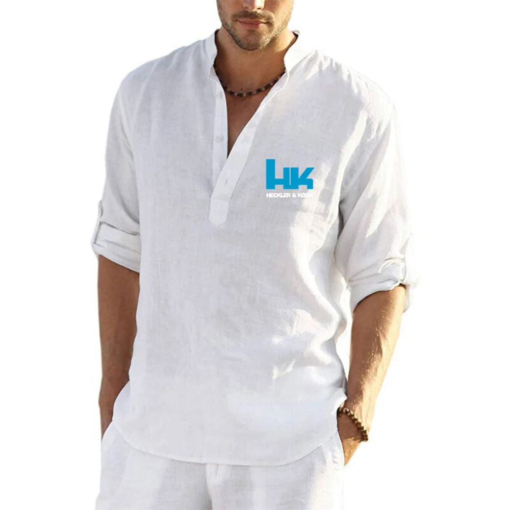 Summer Mens Graphic Long Sleeve V Neck Flax Shirt